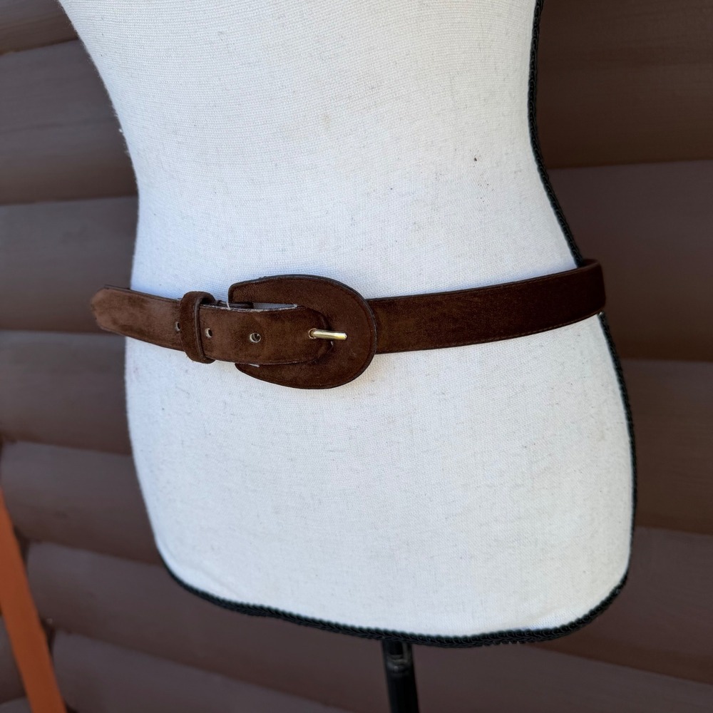 Pig Suede Leather Belt Womens Large Dark Brown Gold Buckle Classic Boho Western - Picture 4 of 15
